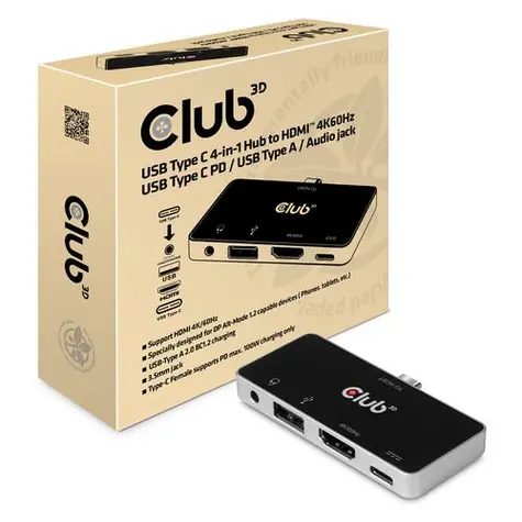CLUB3D CSV-1591 USB-C 4v1 Hub černá / HDMI/4K@60Hz / 1x USB-A / 3.5mm jack / USB-C / PD