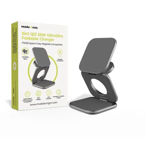 Mobile Origin 3in1 Qi2 25W UltraSlim Foldable Charger PW36 MagSafe Compatible šedá / Bezdrátová nabíječka