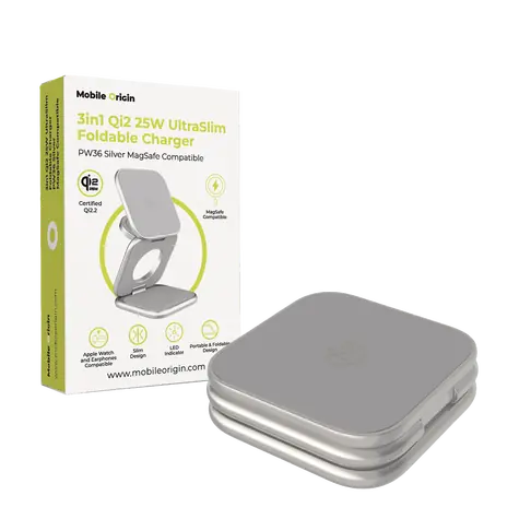 Mobile Origin 3in1 Qi2 25W UltraSlim Foldable Charger PW36 MagSafe Compatible stříbrná / Bezdrátová nabíječka