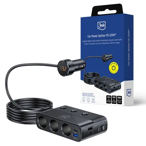 3mk Car Power Splitter 120W černá / Autonabíječka / PD / QC / PPS / USB 3xA+1xC / 3x rozšíření zapalovače 
