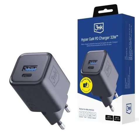 3mk Hyper Charger napájecí adaptér PD / 33W / GaN / QC4+ / PPS / AFC / FCP / SCP / 1A1C černá