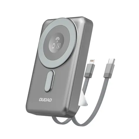 Dudao K29 10000mAh šedá / Powerbanka / MagSafe s pouzdrem,stojánkem a vestavěnými kabely USB-C / Lightning / 20W