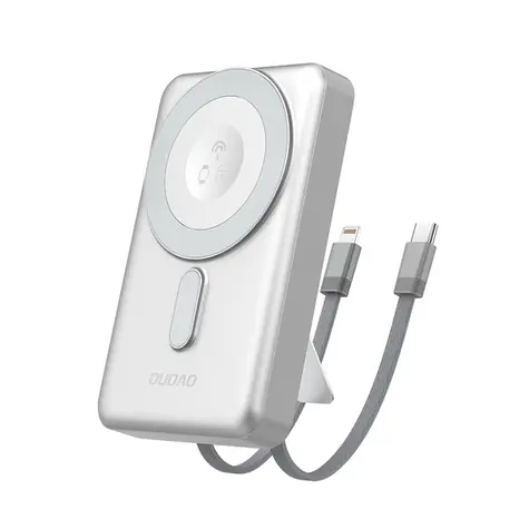 Dudao K29 10000mAh stříbrná / Powerbanka / MagSafe s pouzdrem,stojánkem a vestavěnými kabely USB-C / Lightning / 20W