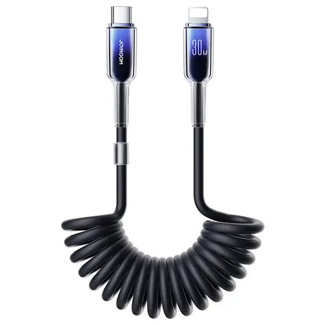 Joyroom S-A43 Crystal-Clear Series Nabíjecí spirálový kabel USB-C (M) - Lightning (M) 30W 1.5m černá