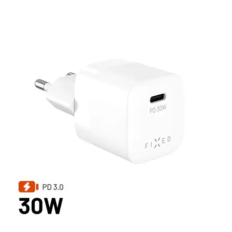 Rozbaleno - FIXED Síťová GaN nabíječka Mini s USB-C výstupem a podporou PD 30W bílá / rozbaleno