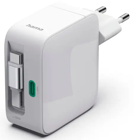 Hama rychlá USB nabíječka 30 W GaN bílá / Navíjecí kabel / 2x USB-C