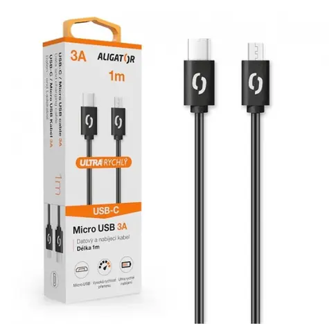 Rozbaleno - Aligator Datový kabel POWER 3A USB-C - microUSB 1m černá / rozbaleno