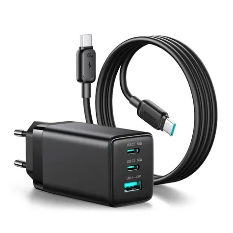 Joyroom JR-TG10 Síťová nabíječka černá / 2x USB-C + 1x USB-A / USB-C - USB-C 1.2m černý kabel / 65W 