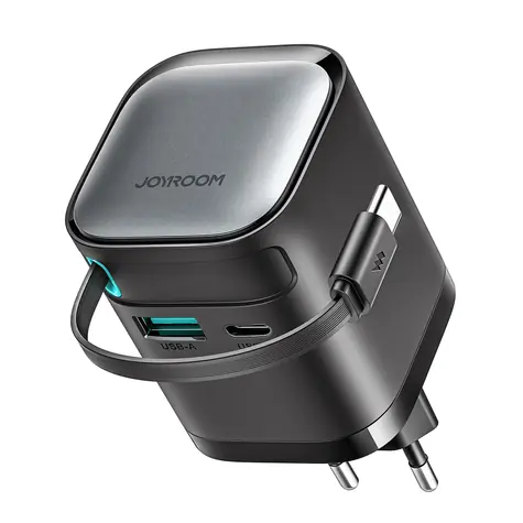Joyroom JR-TCL02 Síťová nabíječka černá / 1x USB-C + 1x USB-A / vestavný kabel USB-C / 65W 