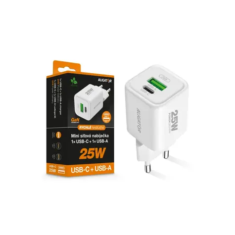 Aligator Rychlá nabíječka Mini / PD 25W / USB + USB-C / bílá