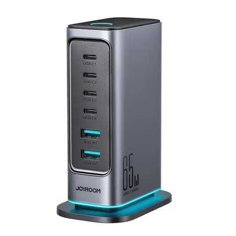 Joyroom JR-TCM02 šedá / Stolní nabíječka / 4x USB-C + 2x USB-A / 65W / LED / UK zástrčka