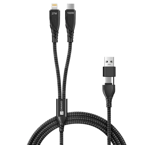 CONNECT IT Wirez 4in1 černá / Nabíjecí a datový kabel / 1x USB-C / 1x Lightning / 1.25 m / 100W / QC 3.0