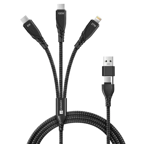 CONNECT IT Wirez 6in1 černá / Nabíjecí a datový kabel / 2x USB-C / 1x Lightning / 1.25 m / 100W / QC 3.0