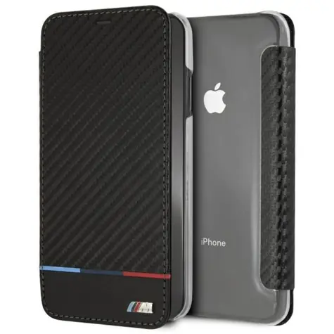 BMW Pouzdro typu kniha Carbon Tricolor Stripe pro iPhone XS Max černá
