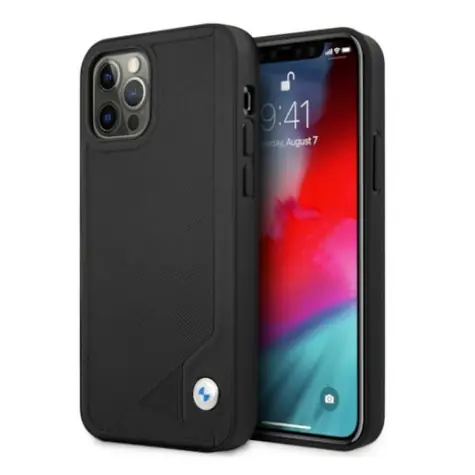 BMW Zadní kryt s reliéfním vzorem kožený pro iPhone 12 / 12 Pro černá
