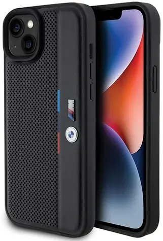 BMW Zadní kryt perforovaný Tricolor Line pro iPhone 15 Plus / 14 Plus černá