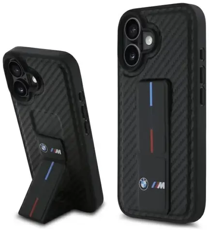 BMW Zadní kryt Grip Stand Smooth and Carbor pro iPhone 16 černá