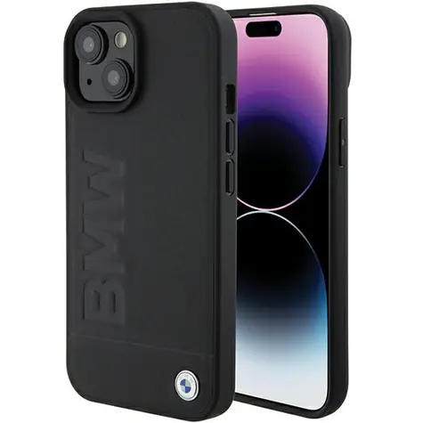 BMW Zadní kryt kožený Hot Stamp pro iPhone 15 Plus černá