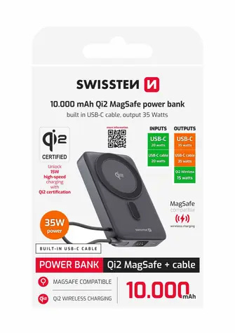 Zánovní - SWISSTEN 22013979 MagSafe Qi2 powerbanka 10000 mAh s integrovaným USB-C kabelem 15W černá / zánovní