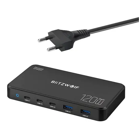 Rozbaleno - BlitzWolf Síťová nabíjecí stanice 5v1 černá / 120W / 2xUSB-A / 3xUSB-C  / rozbaleno