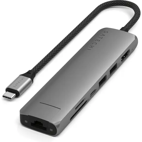 Rozbaleno - Satechi 7in1 USB-C Slim Multiport šedá / adaptér / USB-C / 2x USB-A / HDMI / RJ45 / microSD / SD / PD 100 W / rozbaleno