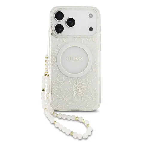 Rozbaleno - Guess IML Flowers Allover Strap MagSafe Zadní Kryt pro iPhone 17 Pro Max White / rozbaleno