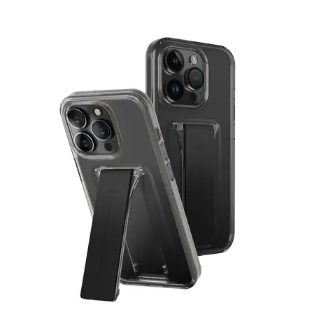 Rozbaleno - Uniq Heldro Mount+ ochranný kryt na Apple iPhone 15 Pro Max se stojánkem Vapour (Smoke) / rozbaleno
