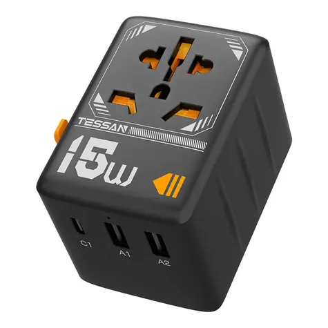 Tessan WTA-01 šedá / Cestovní adaptér / 2500W / EU & UK & AU & US / 2x USB-A / 1x USB-C