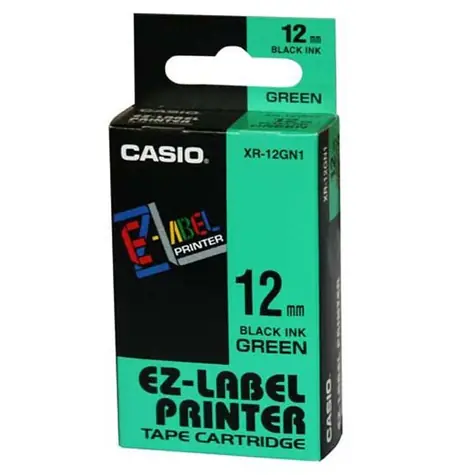 CASIO originální páska do tiskárny štítků CASIO XR-12GN1 / černý tisk / zelený podklad / nelaminovaná / 8m / 12mm