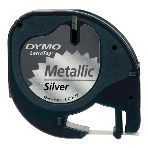 Dymo originální páska do tiskárny štítků 12mm x 4m (stříbrný podklad) / černý tisk / LetraTag metalická páska
