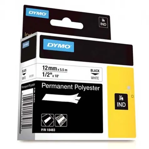Dymo originální páska do tiskárny štítků 12mm x 5.5m (bílý podklad) / černý tisk / RHINO permanentní polyesterová D1