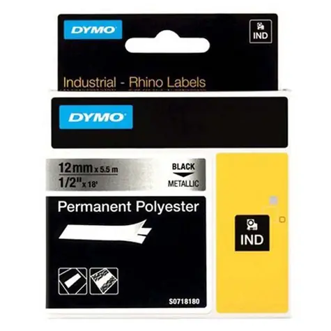 Dymo originální páska do tiskárny štítků 12mm x 5.5m (metalický podklad) / černý tisk / RHINO permanentní polyesterová D
