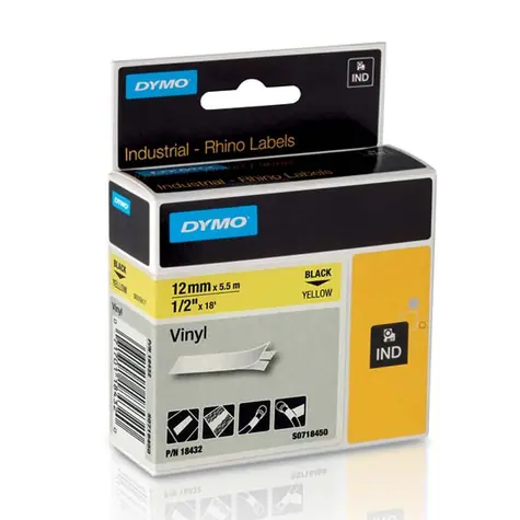 Dymo originální páska do tiskárny štítků 12mm x 5.5m (žlutý podklad) / černý tisk / RHINO vinylová profi D1