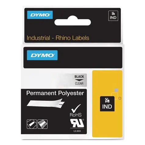 Dymo originální páska do tiskárny štítků 19mm x 5.5m (průhledný podklad) / černý tisk / RHINO permanentní polyesterová 