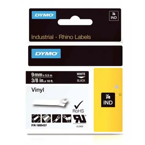 Dymo originální páska do tiskárny štítků 9mm x 5.5mm / bílý tisk / černý podklad / RHINO vinylová profi D1