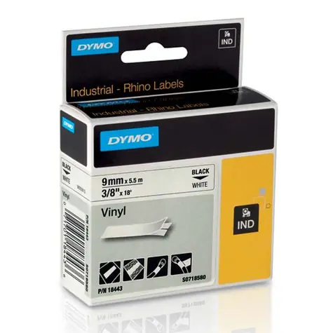 Dymo originální páska do tiskárny štítků 9mm x 5.5m / černý tisk / bílý podklad / RHINO vinylová profi D1