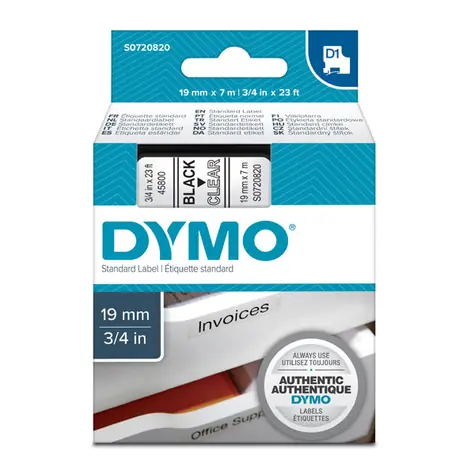 Dymo originální páska do tiskárny štítků 19mm x 7m (průhledný podklad) / černý tisk / D1 