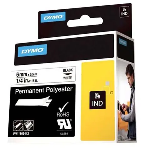 Dymo originální páska do tiskárny štítků 6mm x 5.5m / černý tisk / bílý podklad / RHINO permanentní polyesterová / D1