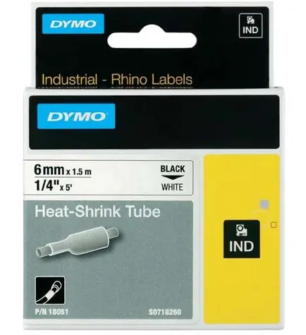 Dymo originální páska do tiskárny štítků 6mm x 1.5m (bílý podklad) / černý tisk / RHINO plochá smršťovací bužírka 