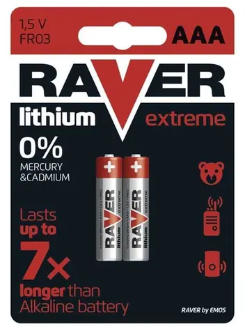 Baterie AAA Raver, 1,5V Lithium, vydrží až 7x déle než alkalické baterie, 2 ks