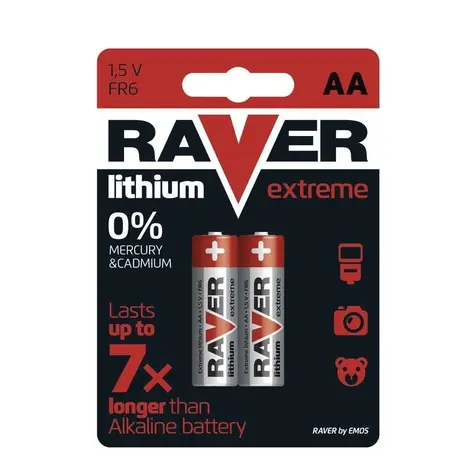 Baterie AA Raver, 1,5V Lithium, vydrží až 7x déle než alkalické baterie, 2 ks
