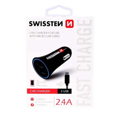 SWISSTEN CL Adaptér 2.4A  2x USB + microUSB kabel černá