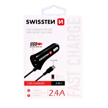 SWISSTEN CL Autonabíječka microUSB a USB 2.4A černá