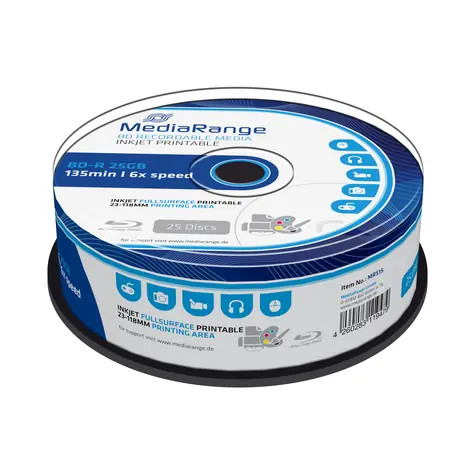 MediaRange BD-R BLU-RAY 25GB 6x spindl 25ks - Inkjet Printable